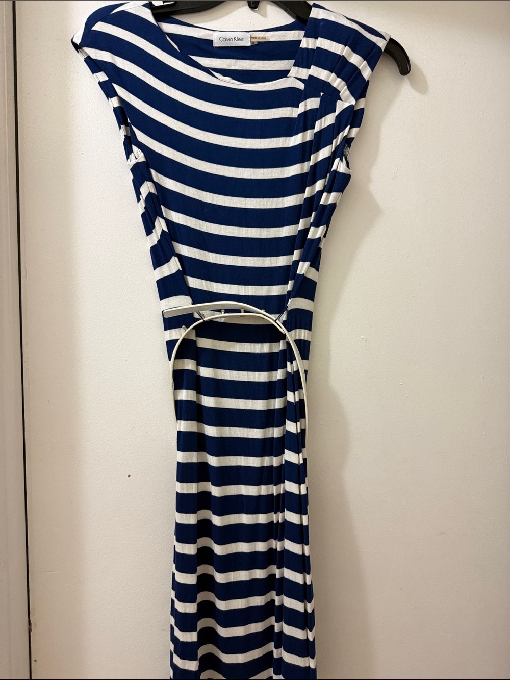 Calvin Klein Blue and White Striped Maxi Dress with Belt